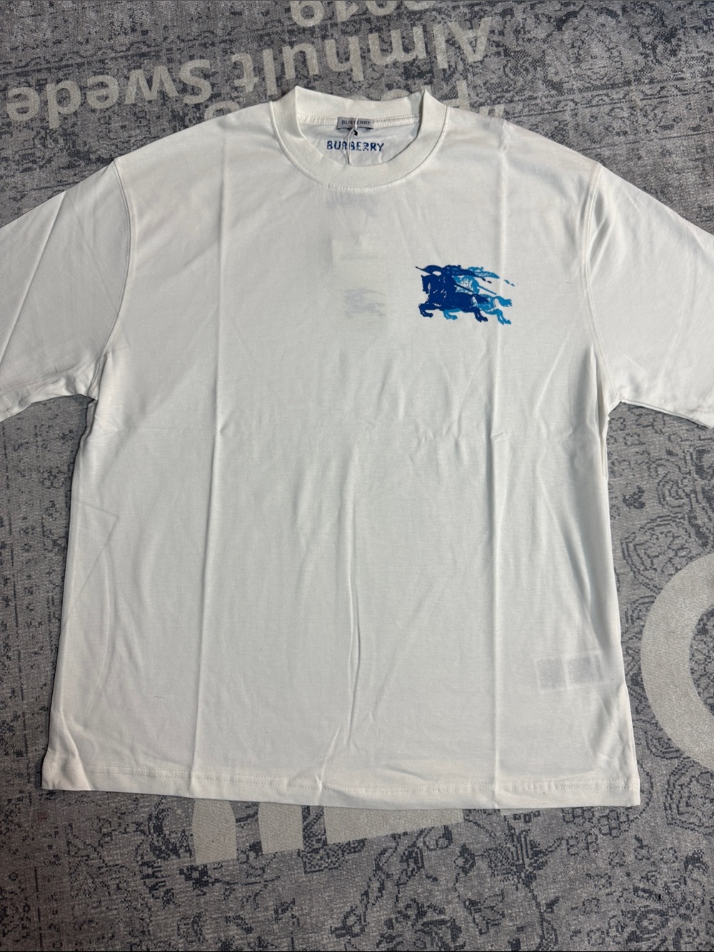 Burberry White Short Sleeve T-Shirt with Blue Horseman Logo